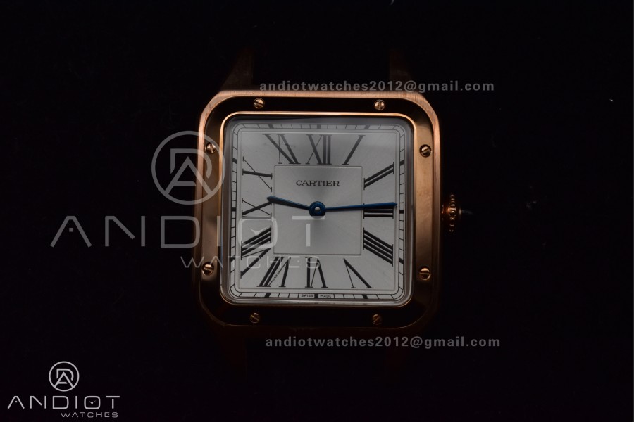 Santos Dumont 31.4mm SS/RG AF 1:1 Best Edition Silver Dial on Black Leather Strap A157