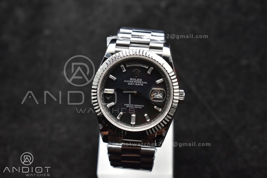DayDate 40 SS GMF 904L Steel Black Crystal Dial on President Bracelet A2836 V3 (Gain Weight)