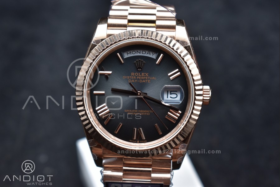DayDate 40 RG QF Best Edition 904L Steel Slate Ombre Dial on President Bracelet A2836 V4 (Gain Weight)