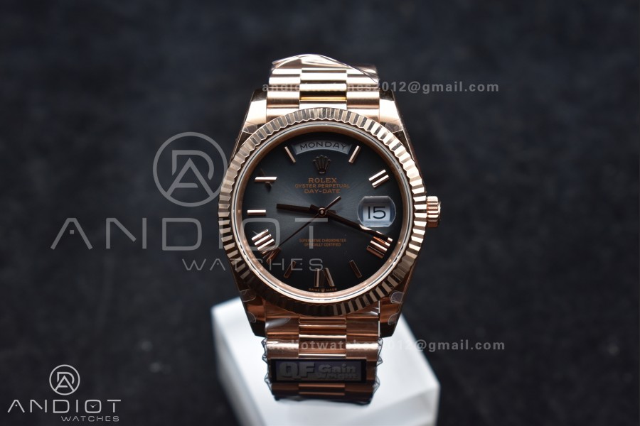 DayDate 40 RG QF Best Edition 904L Steel Slate Ombre Dial on President Bracelet A2836 V4 (Gain Weight)