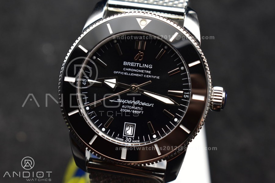 Super Ocean Heritage II BLSF 42mm SS Black Dial Black Ceramic Bezel on SS Mesh Bracelet A2824