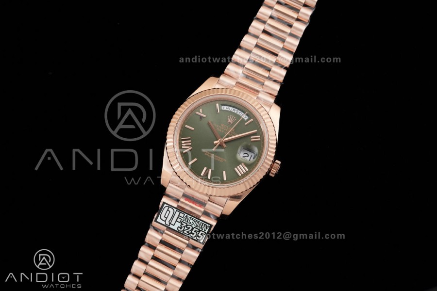 DayDate 40 RG QF 1:1 Best Edition Green Roman Dial on President Bracelet VR3255 V8 (Gain Weight)