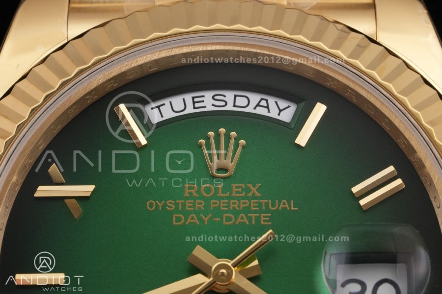 DayDate 40 YG QF 1:1 Best Edition Green Ombre Roman Dial on President Bracelet VR3255 V8 (Gain Weight)