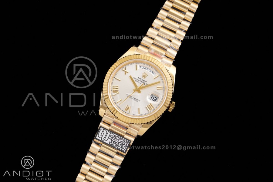 DayDate 40 YG QF 1:1 Best Edition Silver Roman Dial on President Bracelet VR3255 V8 (Gain Weight)