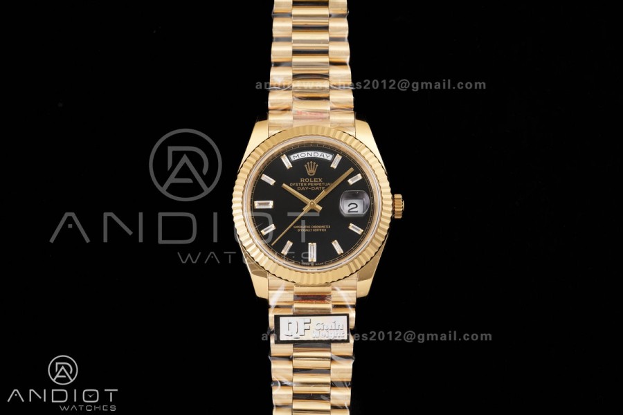 DayDate 40 YG QF 1:1 Best Edition 904L Steel Black Crystal Dial on President Bracelet VR3255 V8 (Gain Weight)
