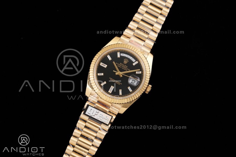 DayDate 40 YG QF 1:1 Best Edition 904L Steel Black Crystal Dial on President Bracelet VR3255 V8 (Gain Weight)