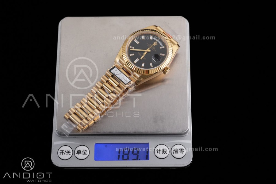 DayDate 40 YG QF 1:1 Best Edition 904L Steel Black Crystal Dial on President Bracelet VR3255 V8 (Gain Weight)