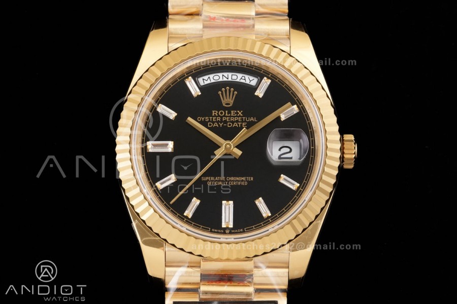 DayDate 40 YG QF 1:1 Best Edition 904L Steel Black Crystal Dial on President Bracelet VR3255 V8 (Gain Weight)