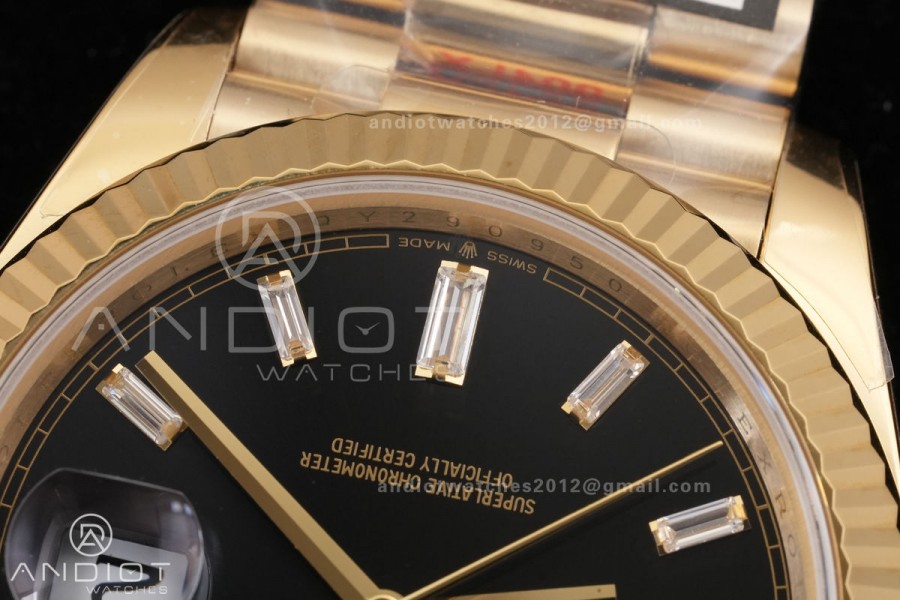 DayDate 40 YG QF 1:1 Best Edition 904L Steel Black Crystal Dial on President Bracelet VR3255 V8 (Gain Weight)