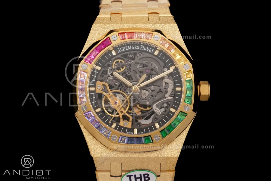 Royal Oak 41mm Frosted 15412 YG THBF 1:1 Best Edition Rainbow Bezel on RG Bracelet SA3132 V2