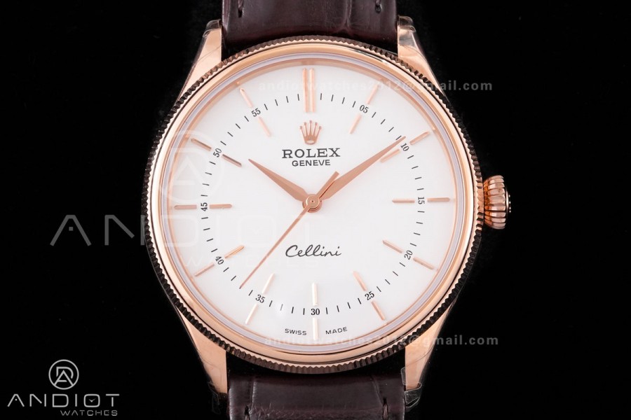 Cellini 50505 RG KZF 1:1 Best Edition White Dial Stick Markers on Brown Leather Strap SA3132