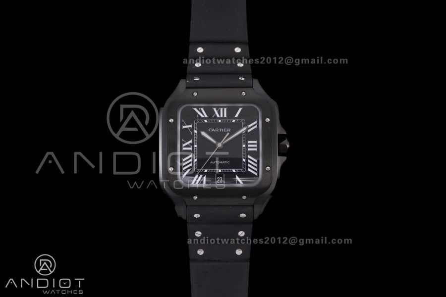 Santos de Cartier 40mm PVD BVF 1:1 Best Edition Black Dial on Black Leather Strap MIYOTA 9015
