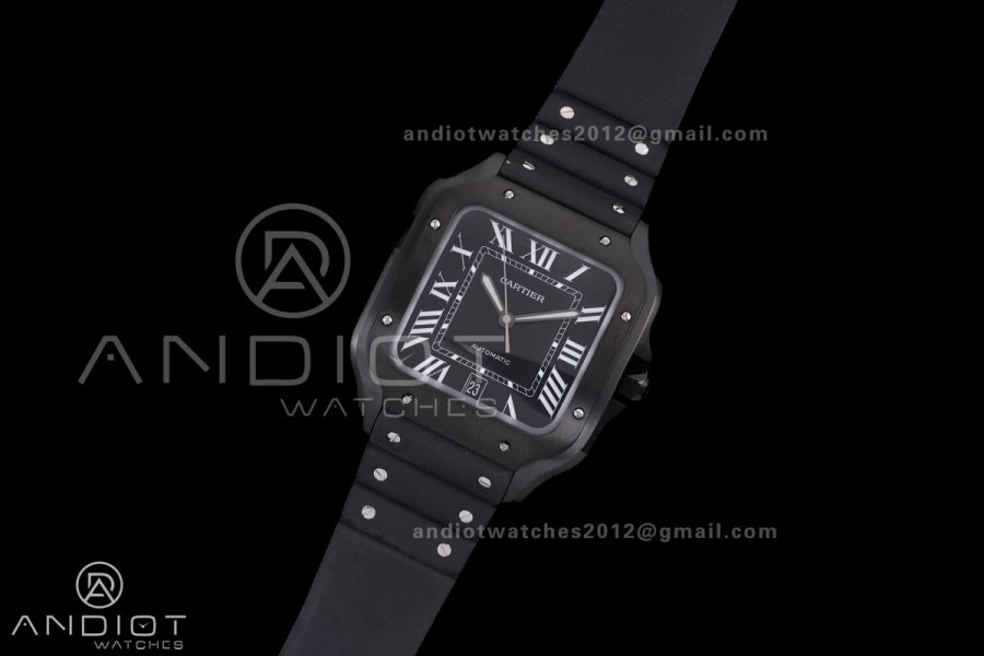 Santos de Cartier 40mm PVD BVF 1:1 Best Edition Black Dial on Black Leather Strap MIYOTA 9015