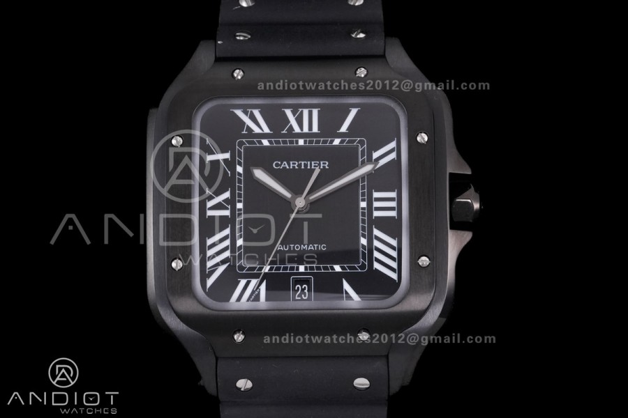 Santos de Cartier 40mm PVD BVF 1:1 Best Edition Black Dial on Black Leather Strap MIYOTA 9015