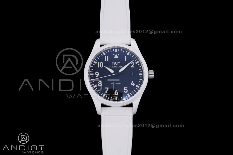 IWC Pilot 41 Top Gun Lake Tahoe Ceramic IW328104 M+F Best Edition on White Rubber Strap MIYOTA 9015