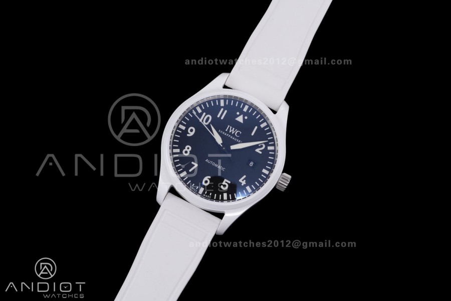 IWC Pilot 41 Top Gun Lake Tahoe Ceramic IW328104 M+F Best Edition on White Rubber Strap MIYOTA 9015