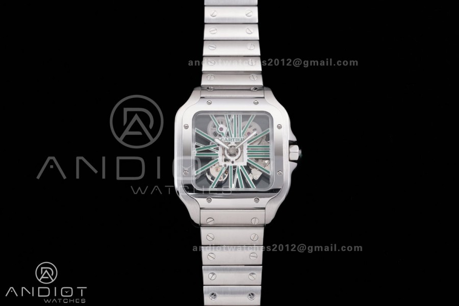 Santos de Cartier Skeleton SS MLF Skeleton Green Dial on SS SmartLink Bracelet 9611MC Super Clone