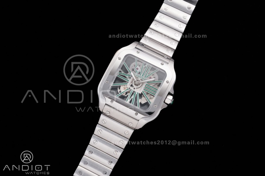 Santos de Cartier Skeleton SS MLF Skeleton Green Dial on SS SmartLink Bracelet 9611MC Super Clone