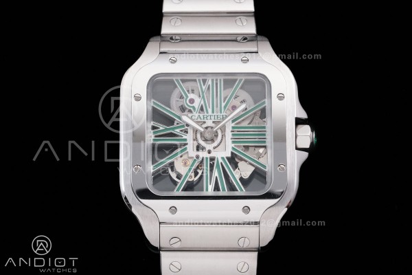 Santos de Cartier Skeleton SS MLF Skeleton Green Dial on SS SmartLink Bracelet 9611MC Super Clone
