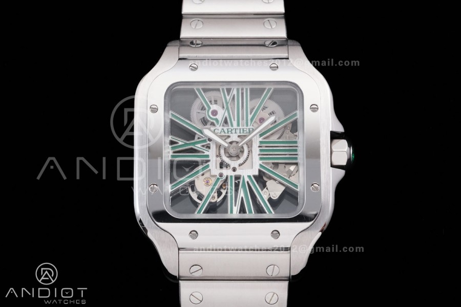 Santos de Cartier Skeleton SS MLF Skeleton Green Dial on SS SmartLink Bracelet 9611MC Super Clone
