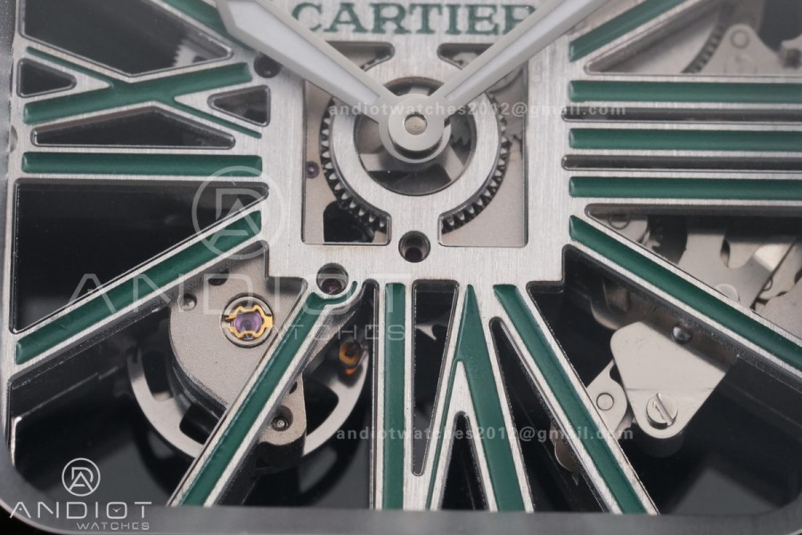 Santos de Cartier Skeleton SS MLF Skeleton Green Dial on SS SmartLink Bracelet 9611MC Super Clone