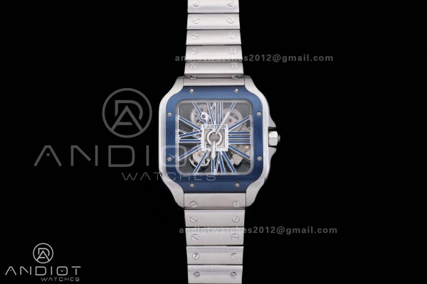 Santos de Cartier Skeleton SS MLF Skeleton Blue Skeleton Dial Blue Bezel on SS SmartLink Bracelet 9611MC Super Clone