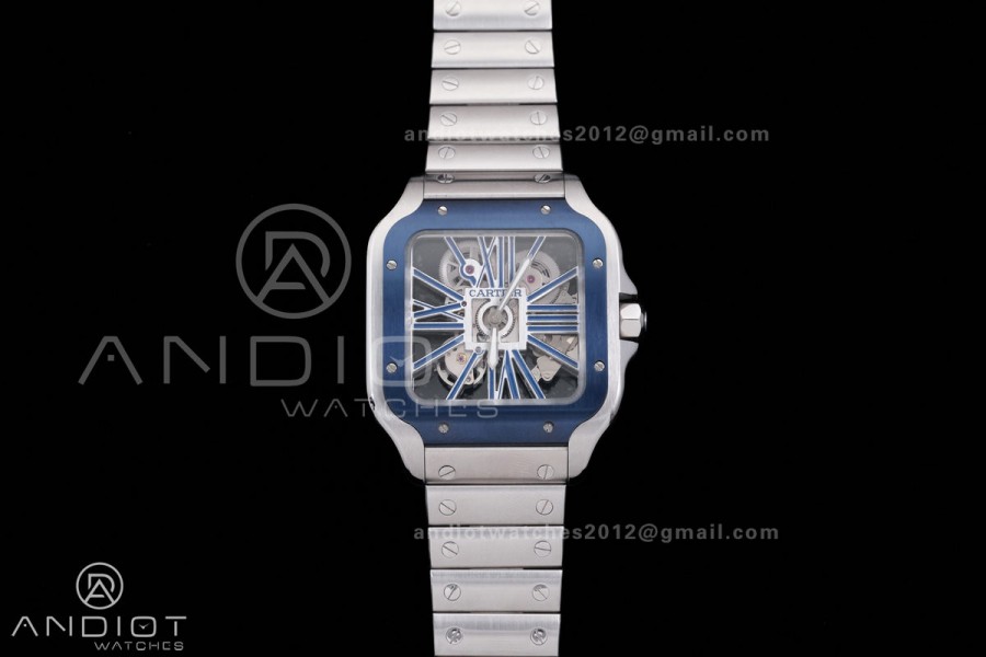 Santos de Cartier Skeleton SS MLF Skeleton Blue Skeleton Dial Blue Bezel on SS SmartLink Bracelet 9611MC Super Clone