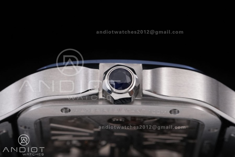 Santos de Cartier Skeleton SS MLF Skeleton Blue Skeleton Dial Blue Bezel on SS SmartLink Bracelet 9611MC Super Clone