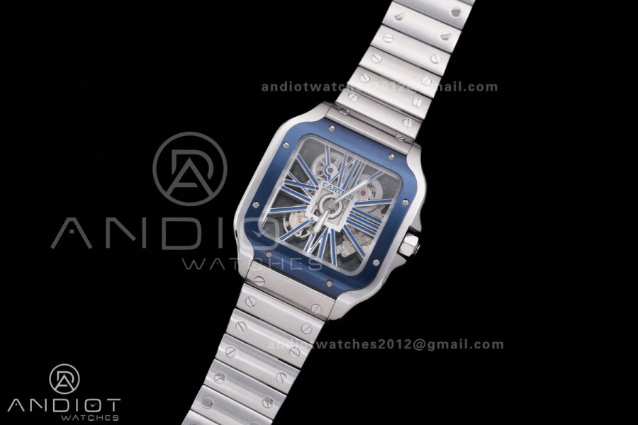 Santos de Cartier Skeleton SS MLF Skeleton Blue Skeleton Dial Blue Bezel on SS SmartLink Bracelet 9611MC Super Clone