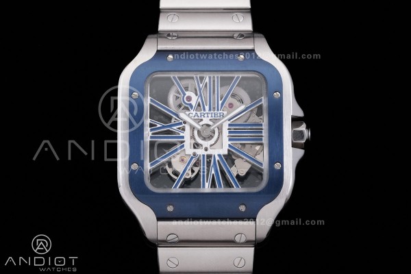 Santos de Cartier Skeleton SS MLF Skeleton Blue Skeleton Dial Blue Bezel on SS SmartLink Bracelet 9611MC Super Clone