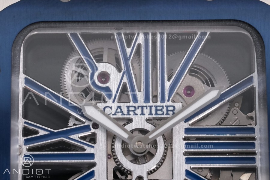 Santos de Cartier Skeleton SS MLF Skeleton Blue Skeleton Dial Blue Bezel on SS SmartLink Bracelet 9611MC Super Clone