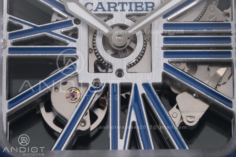 Santos de Cartier Skeleton SS MLF Skeleton Blue Skeleton Dial Blue Bezel on SS SmartLink Bracelet 9611MC Super Clone