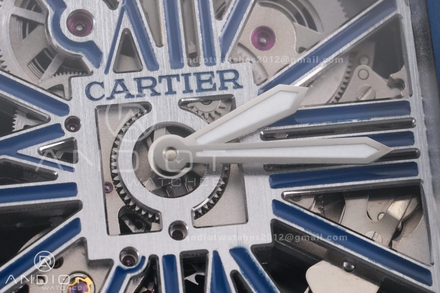 Santos de Cartier Skeleton SS MLF Skeleton Blue Skeleton Dial Blue Bezel on SS SmartLink Bracelet 9611MC Super Clone