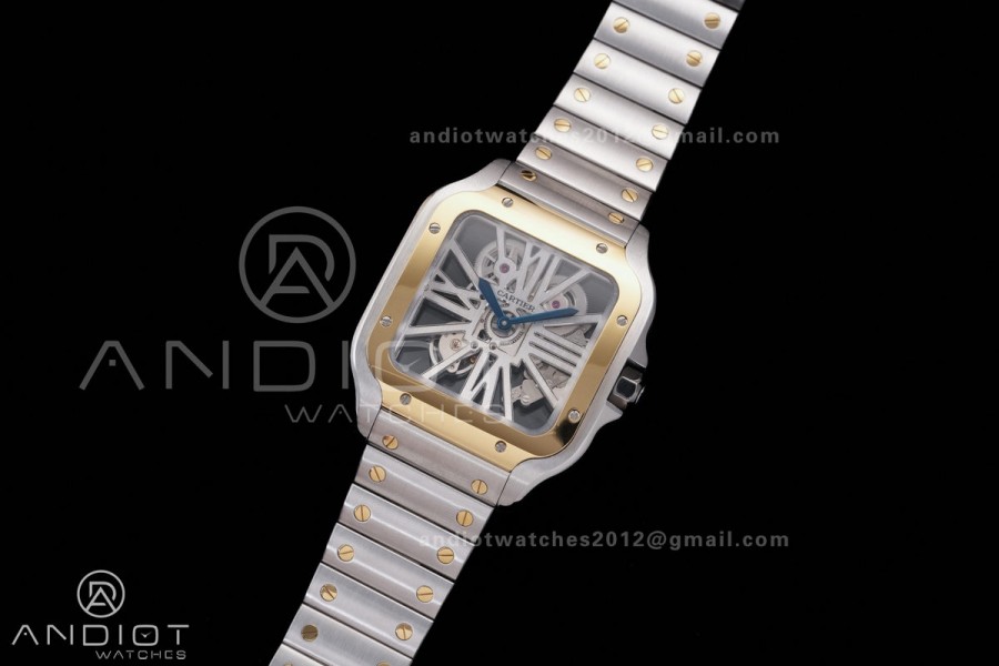 Santos de Cartier Skeleton SS/YG MLF Skeleton Dial on SS/YG SmartLink Bracelet 9611MC Super Clone