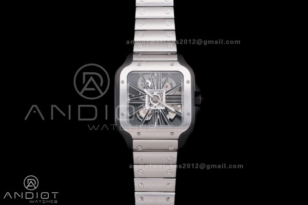 Santos de Cartier Skeleton PVD MLF Skeleton Black Skeleton Dial on SS SmartLink Bracelet 9611MC Super Clone