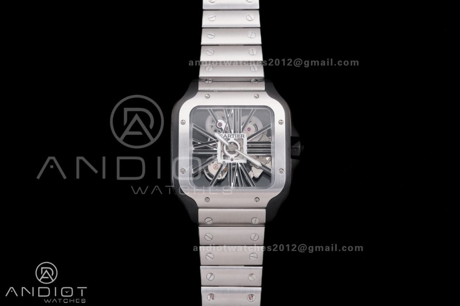 Santos de Cartier Skeleton PVD MLF Skeleton Black Skeleton Dial on SS SmartLink Bracelet 9611MC Super Clone