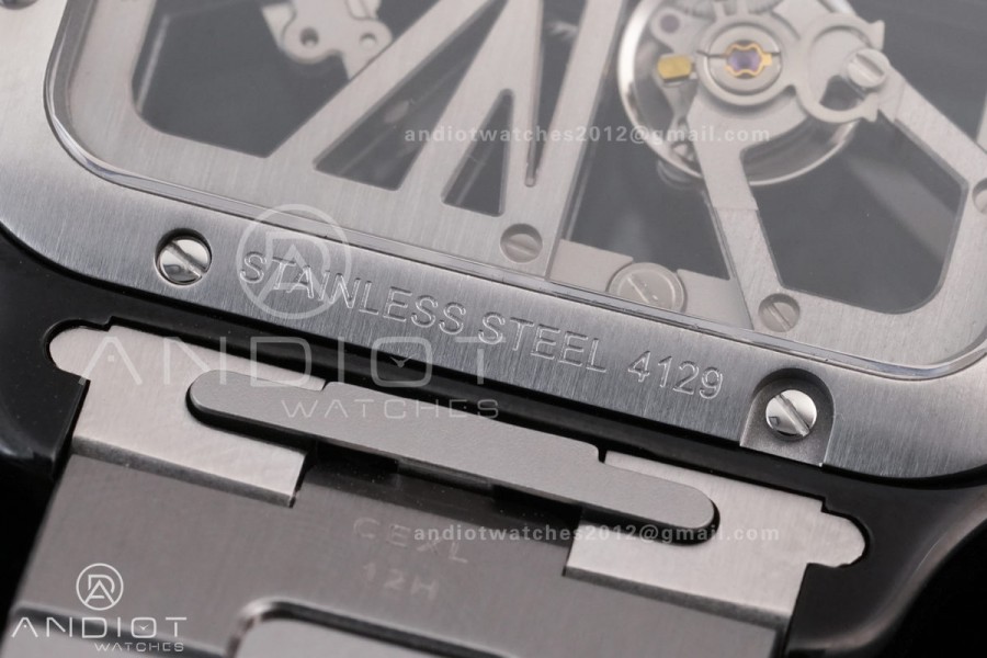 Santos de Cartier Skeleton PVD MLF Skeleton Black Skeleton Dial on SS SmartLink Bracelet 9611MC Super Clone