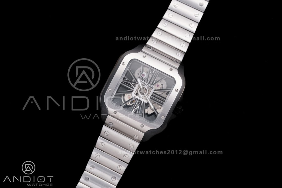 Santos de Cartier Skeleton PVD MLF Skeleton Black Skeleton Dial on SS SmartLink Bracelet 9611MC Super Clone