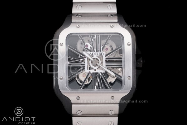Santos de Cartier Skeleton PVD MLF Skeleton Black Skeleton Dial on SS SmartLink Bracelet 9611MC Super Clone