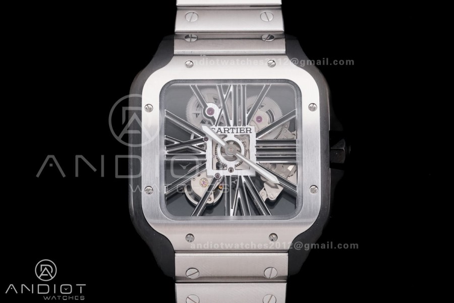 Santos de Cartier Skeleton PVD MLF Skeleton Black Skeleton Dial on SS SmartLink Bracelet 9611MC Super Clone
