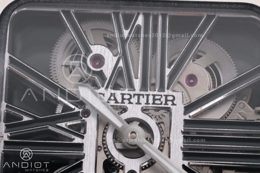 Santos de Cartier Skeleton PVD MLF Skeleton Black Skeleton Dial on SS SmartLink Bracelet 9611MC Super Clone