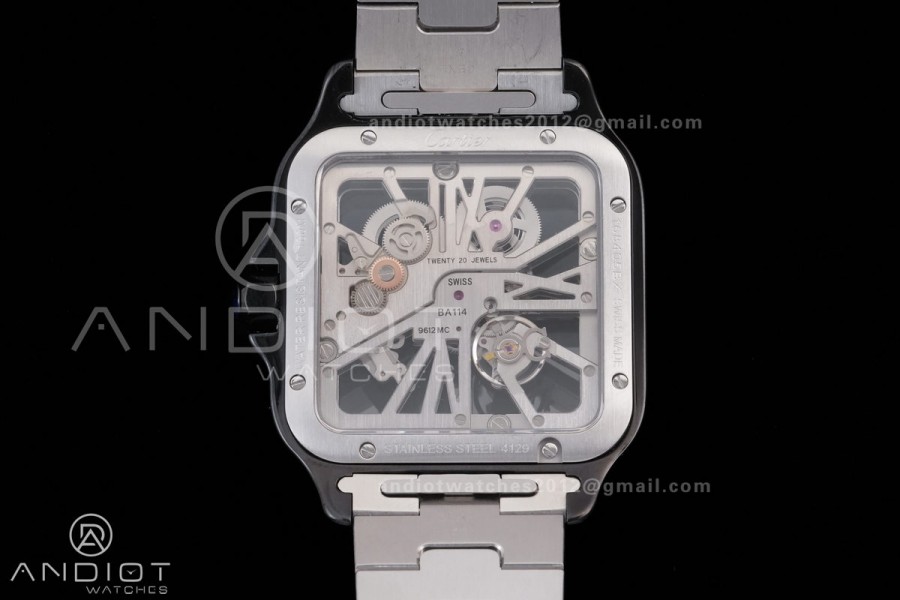 Santos de Cartier Skeleton PVD MLF Skeleton Black Skeleton Dial on SS SmartLink Bracelet 9611MC Super Clone