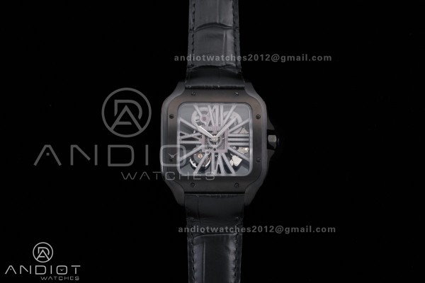 Santos de Cartier Skeleton PVD MLF Skeleton Dial on Black Leather Strap 9612MC Super Clone