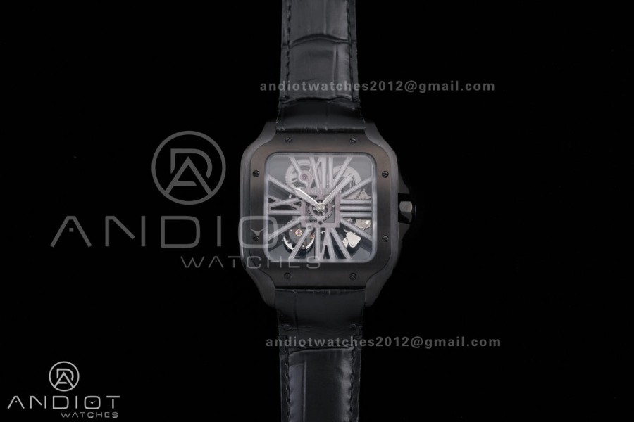 Santos de Cartier Skeleton PVD MLF Skeleton Dial on Black Leather Strap 9612MC Super Clone