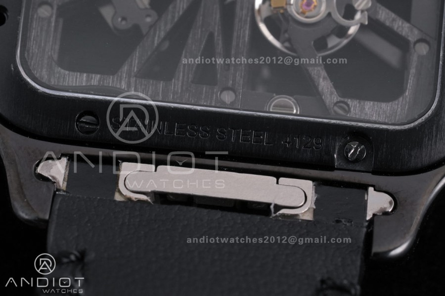 Santos de Cartier Skeleton PVD MLF Skeleton Dial on Black Leather Strap 9612MC Super Clone