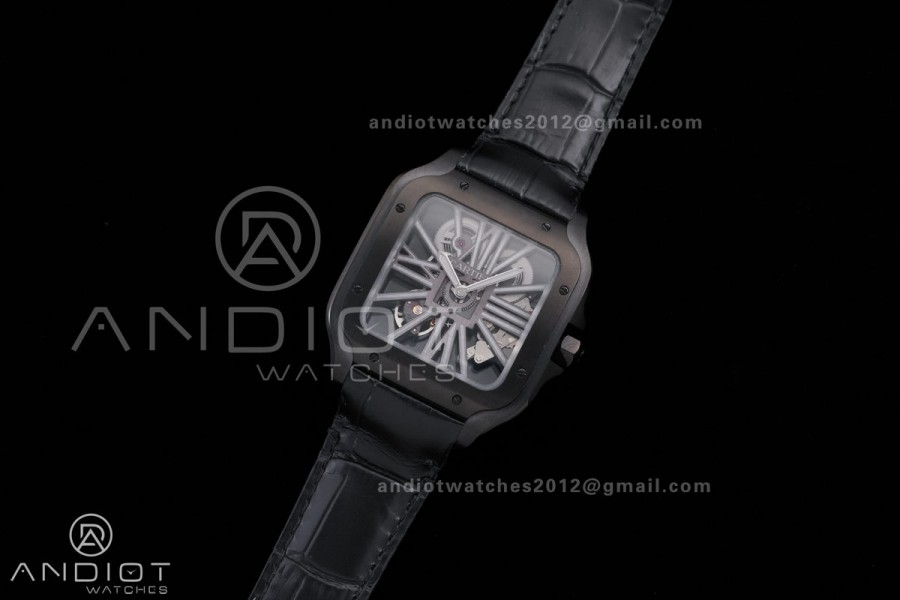 Santos de Cartier Skeleton PVD MLF Skeleton Dial on Black Leather Strap 9612MC Super Clone