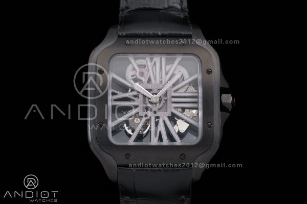Santos de Cartier Skeleton PVD MLF Skeleton Dial on Black Leather Strap 9612MC Super Clone