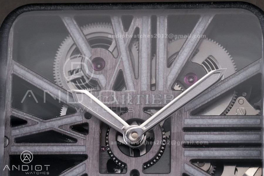 Santos de Cartier Skeleton PVD MLF Skeleton Dial on Black Leather Strap 9612MC Super Clone