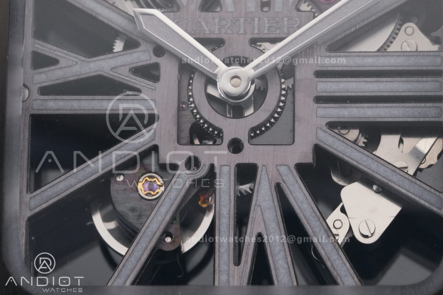 Santos de Cartier Skeleton PVD MLF Skeleton Dial on Black Leather Strap 9612MC Super Clone