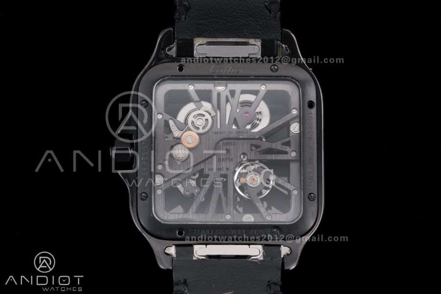 Santos de Cartier Skeleton PVD MLF Skeleton Dial on Black Leather Strap 9612MC Super Clone